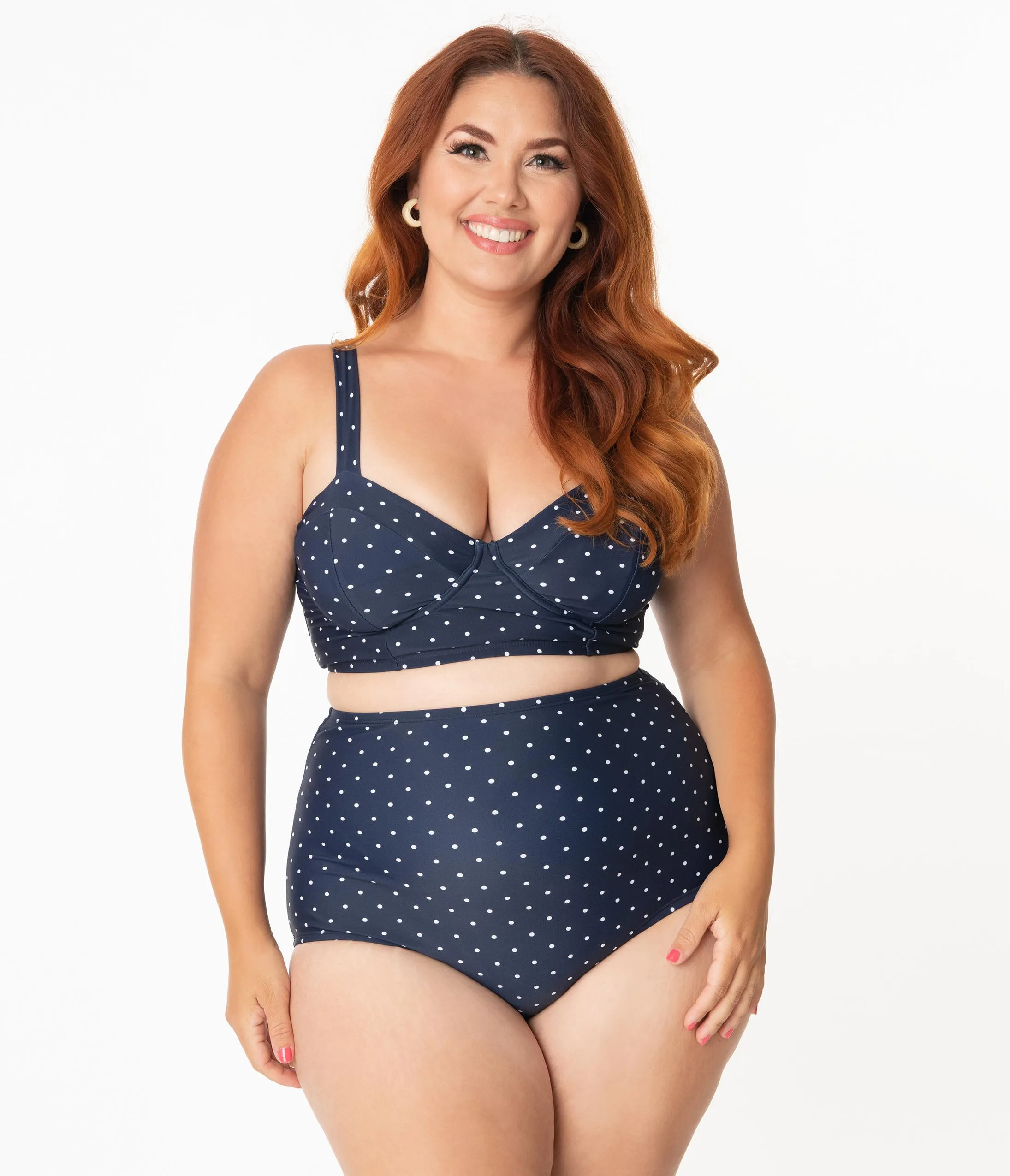 Unique Vintage Plus Size 1950s Style Navy & White Pin Dot Marlene Crop Swim Top
