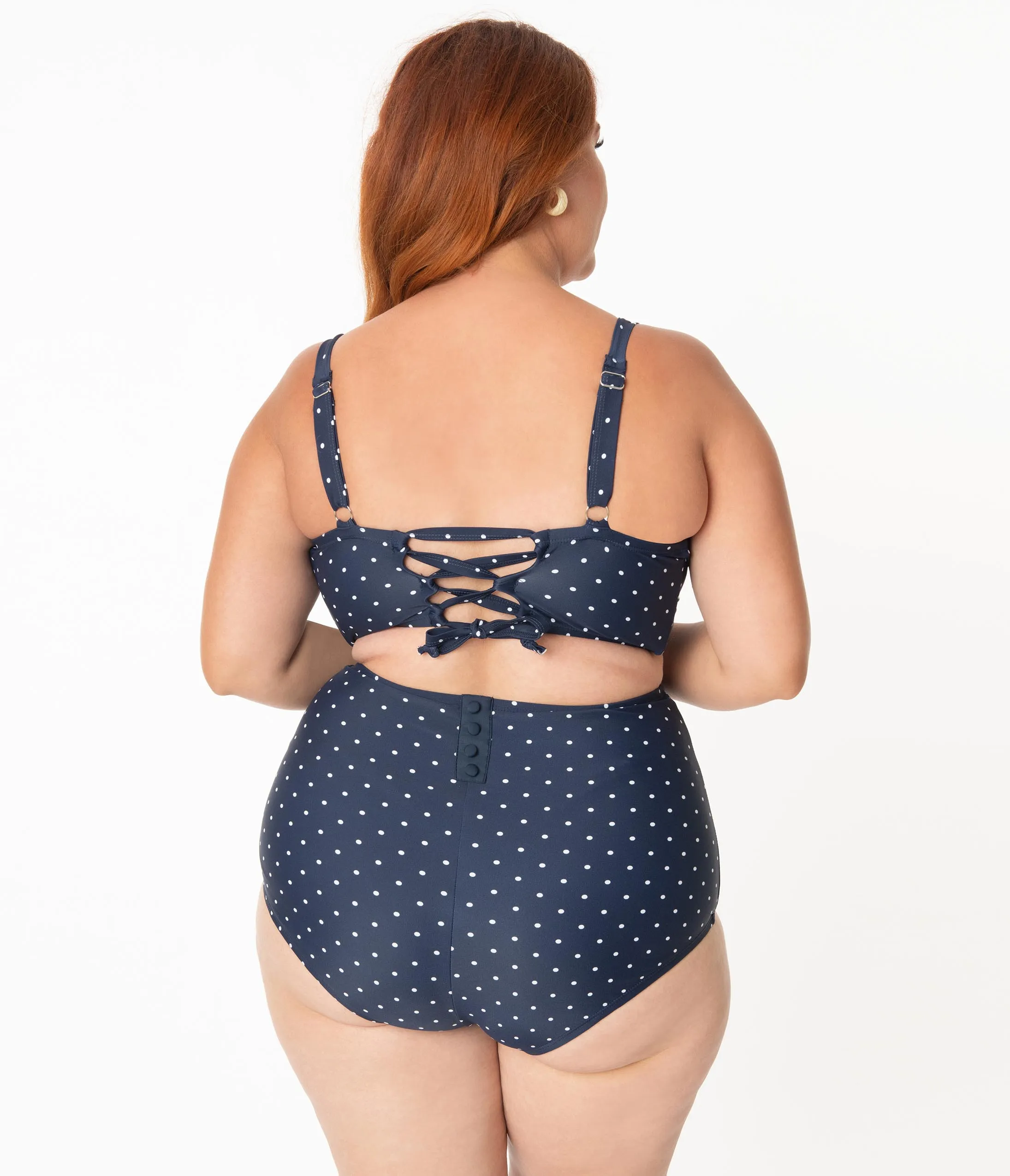 Unique Vintage Plus Size 1950s Style Navy & White Pin Dot Marlene Crop Swim Top