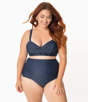 Unique Vintage Plus Size 1950s Style Navy & White Pin Dot Marlene Crop Swim Top