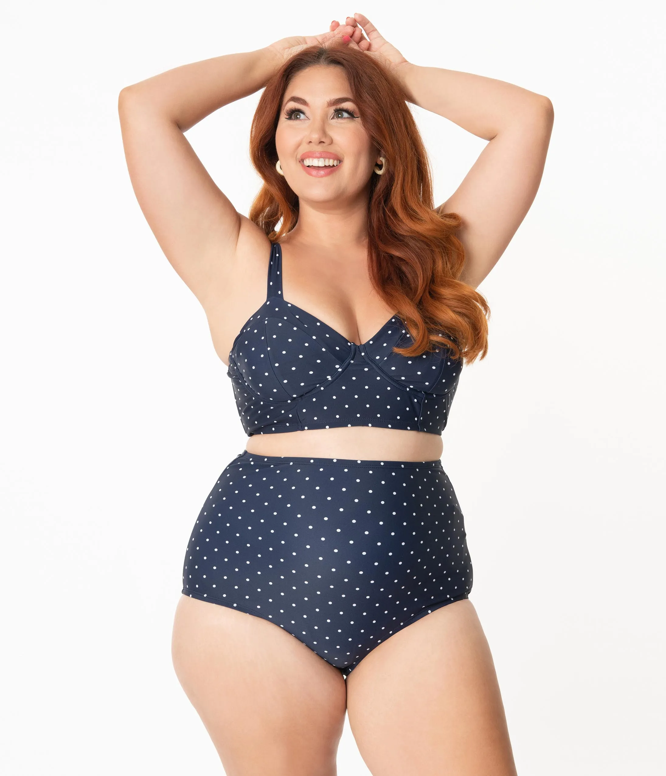 Unique Vintage Plus Size 1950s Style Navy & White Pin Dot Marlene Crop Swim Top
