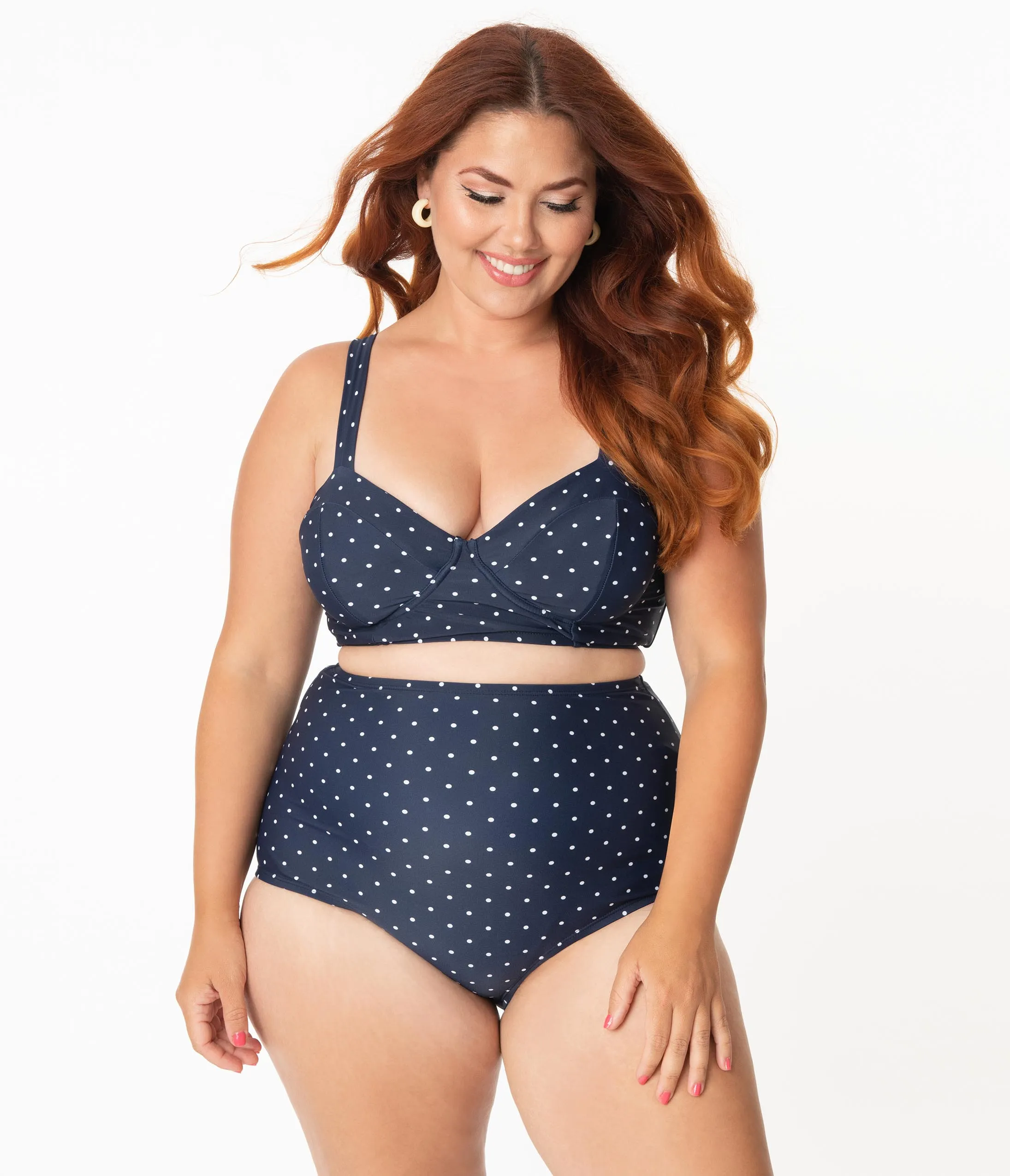 Unique Vintage Plus Size 1950s Style Navy & White Pin Dot Marlene Crop Swim Top