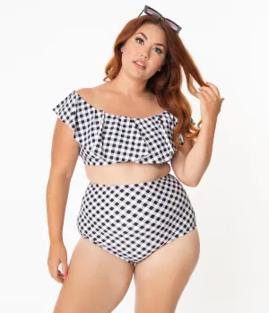 Unique Vintage Plus Size Black & White Gingham Ruffled Ramona Swim Top