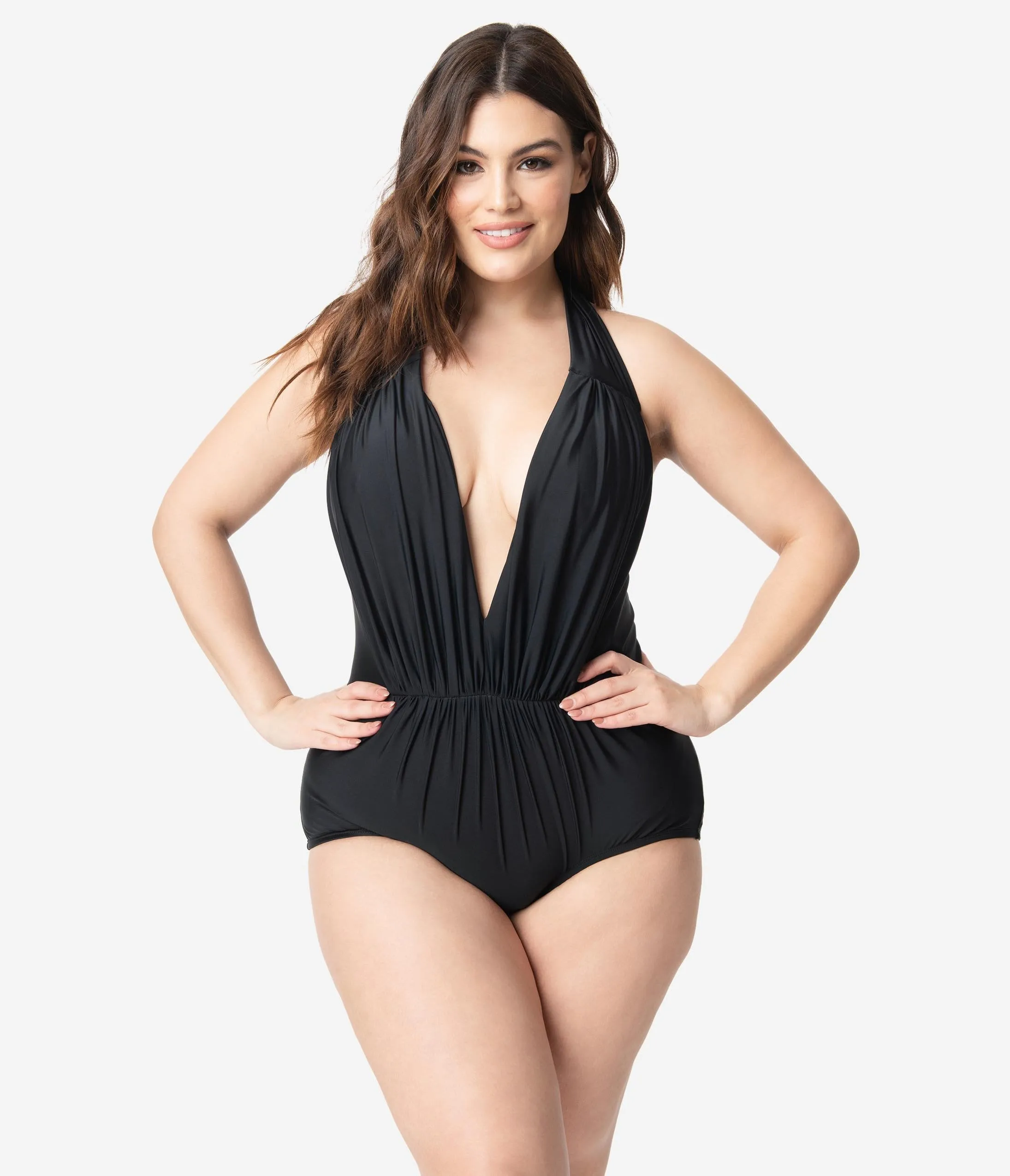 Unique Vintage Plus Size Black Halter Shirred Derek One Piece Swimsuit