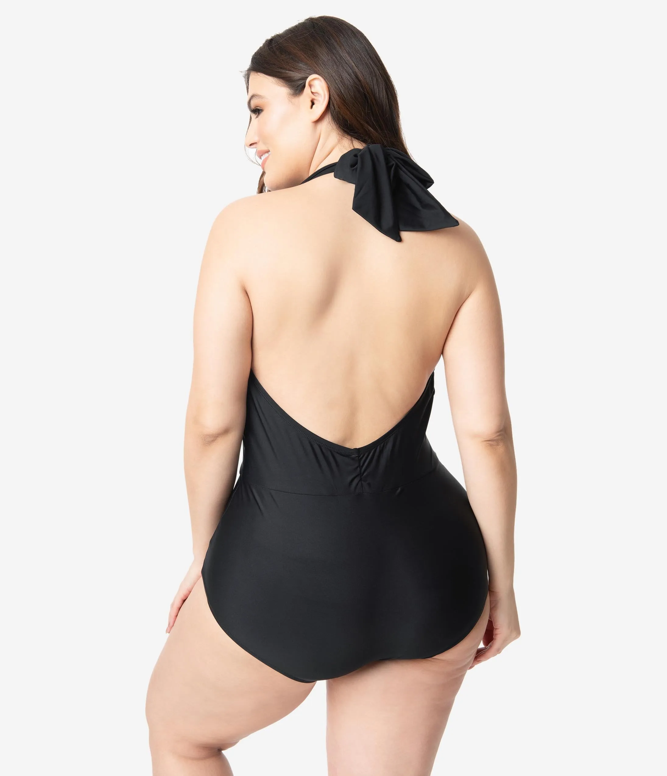 Unique Vintage Plus Size Black Halter Shirred Derek One Piece Swimsuit