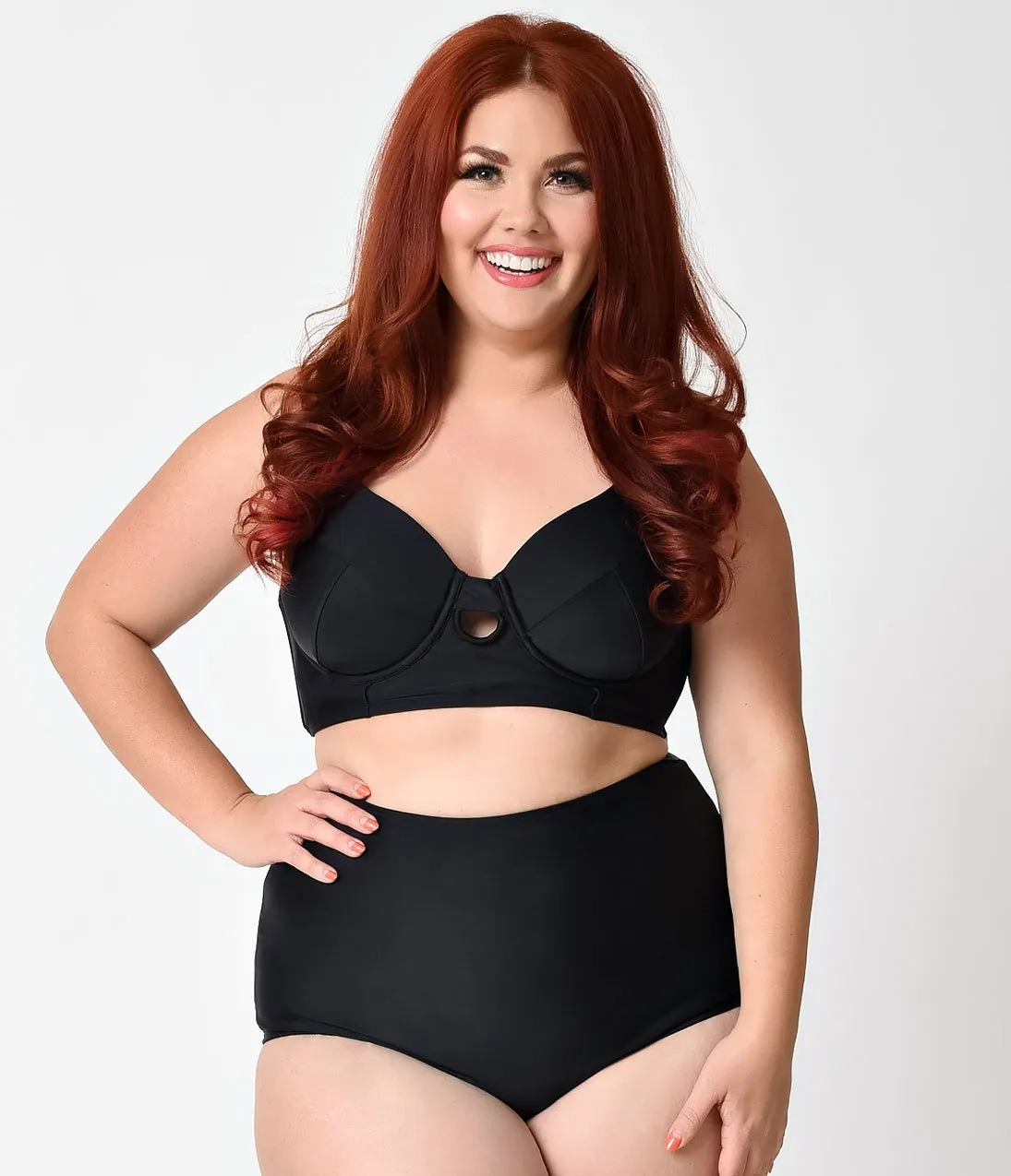 Unique Vintage Plus Size Black Keyhole Halter Mrs. Brooks Swim Top