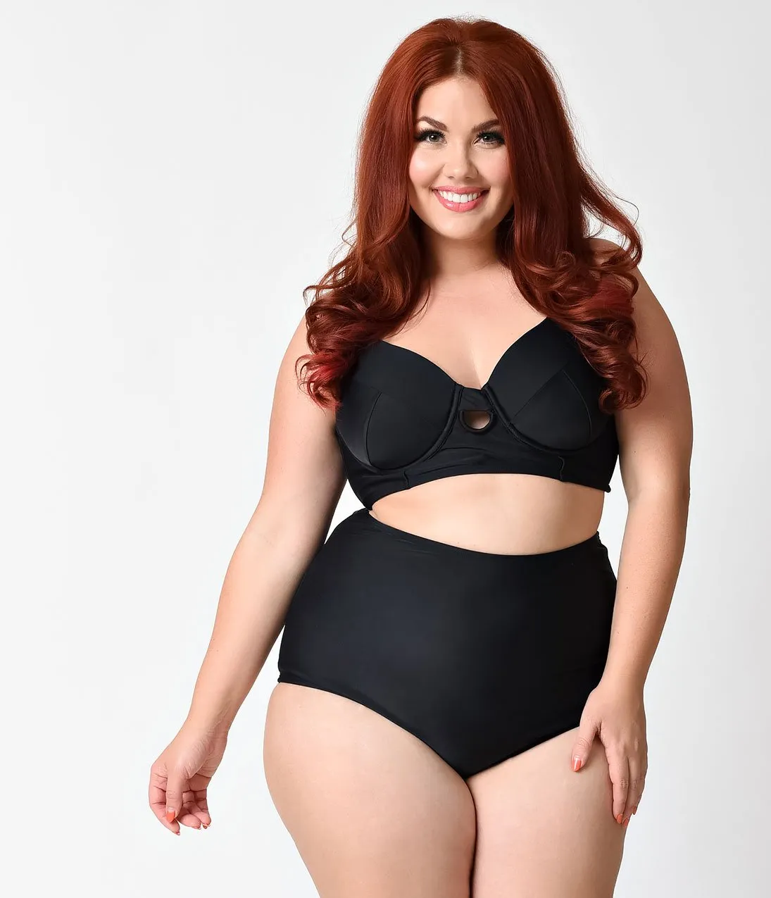 Unique Vintage Plus Size Black Keyhole Halter Mrs. Brooks Swim Top
