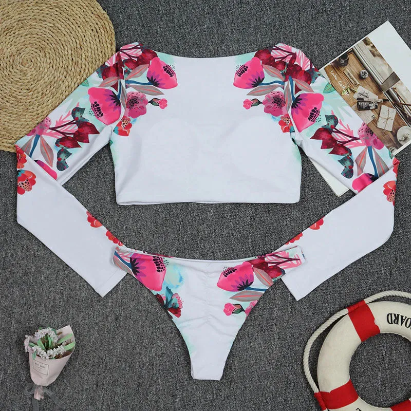 Upopby Long Sleeve Surfing Swimsuit High-cut Two-Piece Swimsuit
