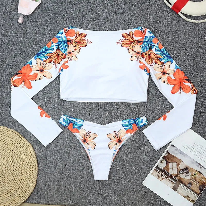 Upopby Long Sleeve Surfing Swimsuit High-cut Two-Piece Swimsuit