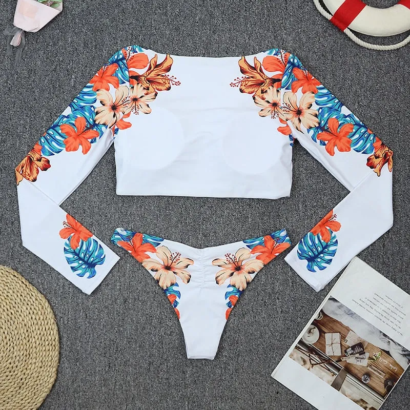 Upopby Long Sleeve Surfing Swimsuit High-cut Two-Piece Swimsuit