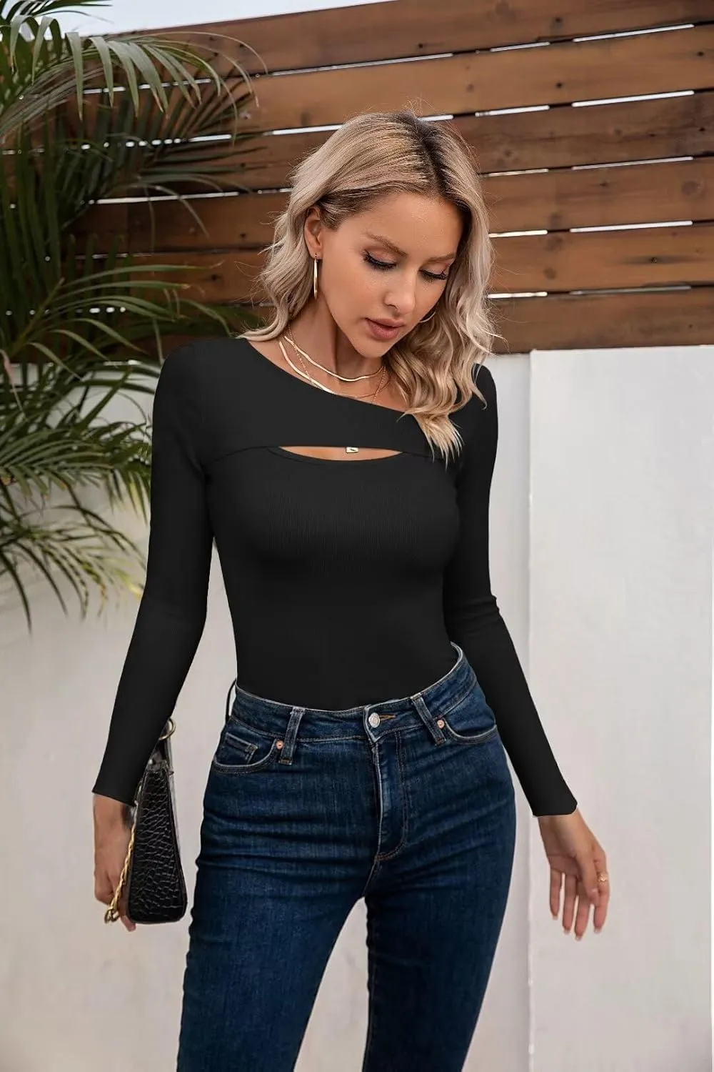 VICHYIE Womens Fashion Fall Clothes One Piece Cutout Tops Long Sleeve Ribbed Slim Fitted Shirts Tee Tshirts
