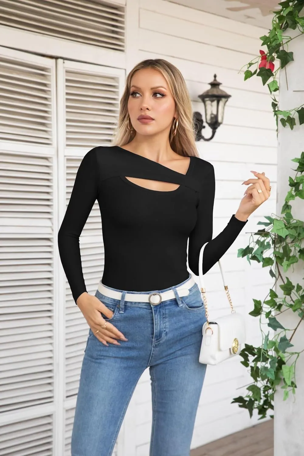 VICHYIE Womens Fashion Fall Clothes One Piece Cutout Tops Long Sleeve Ribbed Slim Fitted Shirts Tee Tshirts