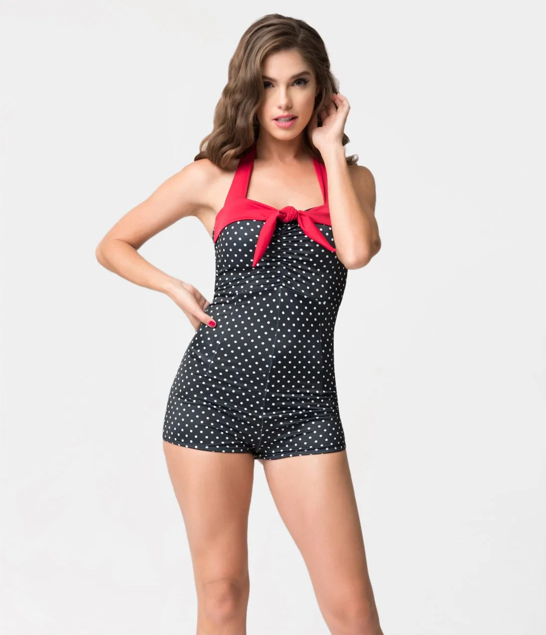 Vintage Style Black & White Polka Dot Pin-Up Romper Swimsuit