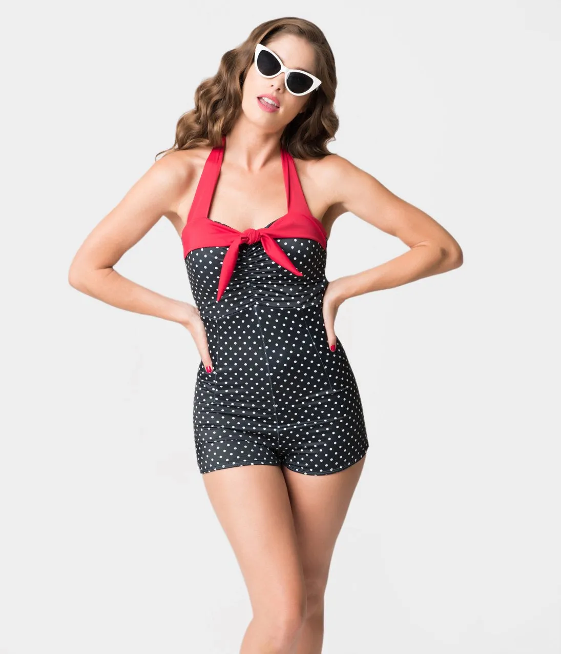 Vintage Style Black & White Polka Dot Pin-Up Romper Swimsuit