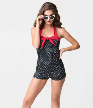 Vintage Style Black & White Polka Dot Pin-Up Romper Swimsuit