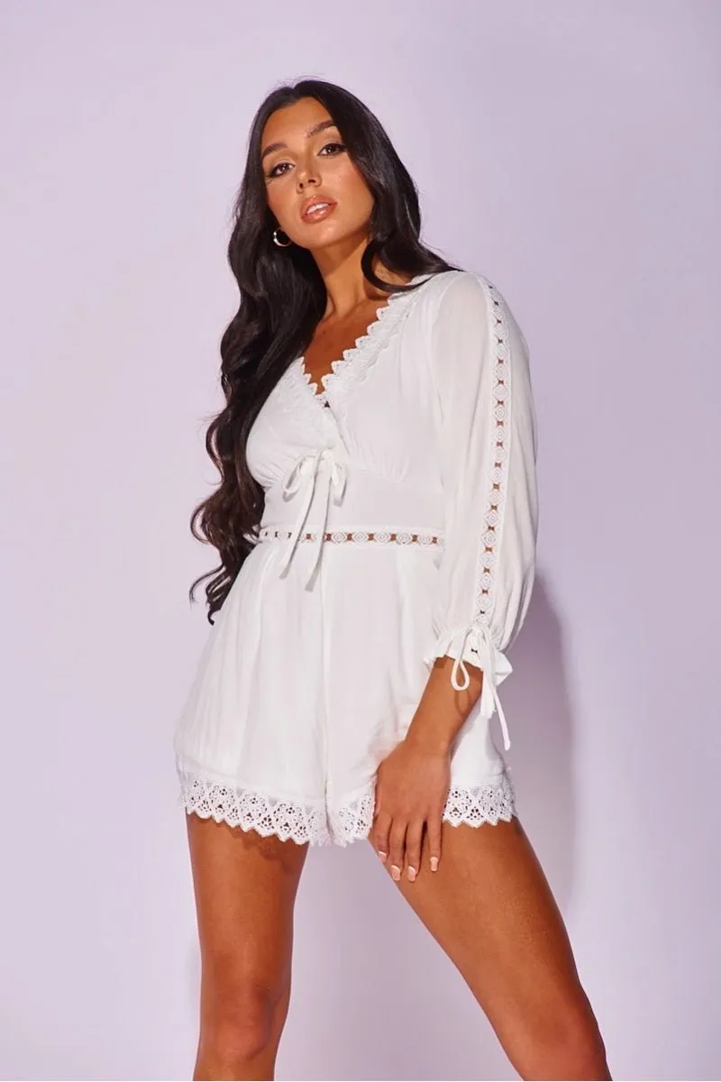 White Crochet Lace Trim Balloon Sleeve Playsuit