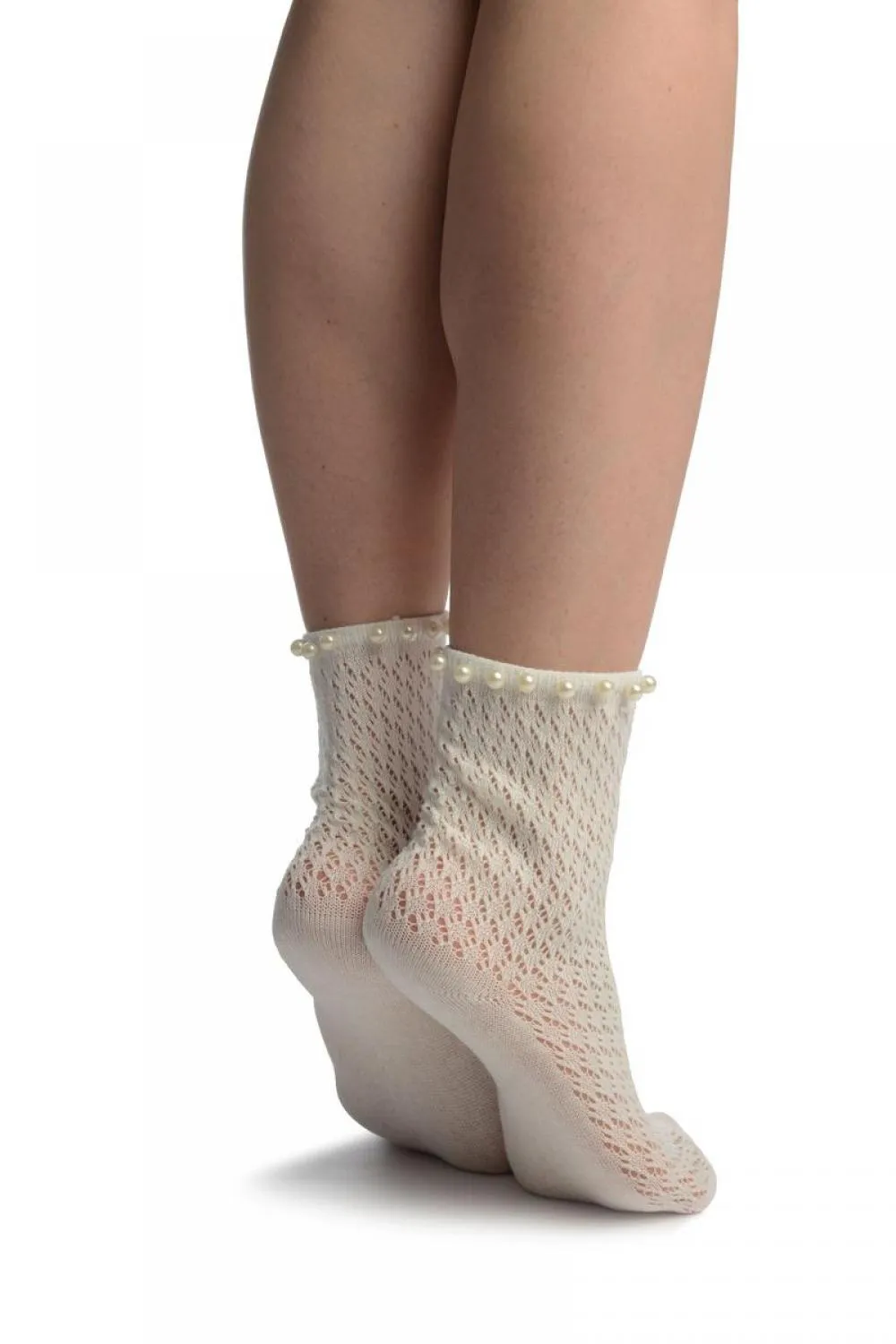 White Crochet With Pearls Ankle High Socks