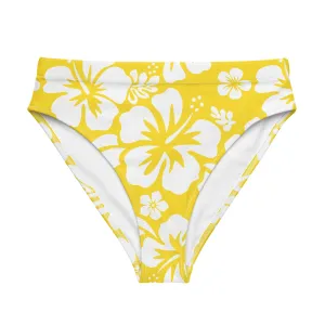 White Hawaiian Hibiscus Flowers on Yellow High Waisted Bikini Bottom
