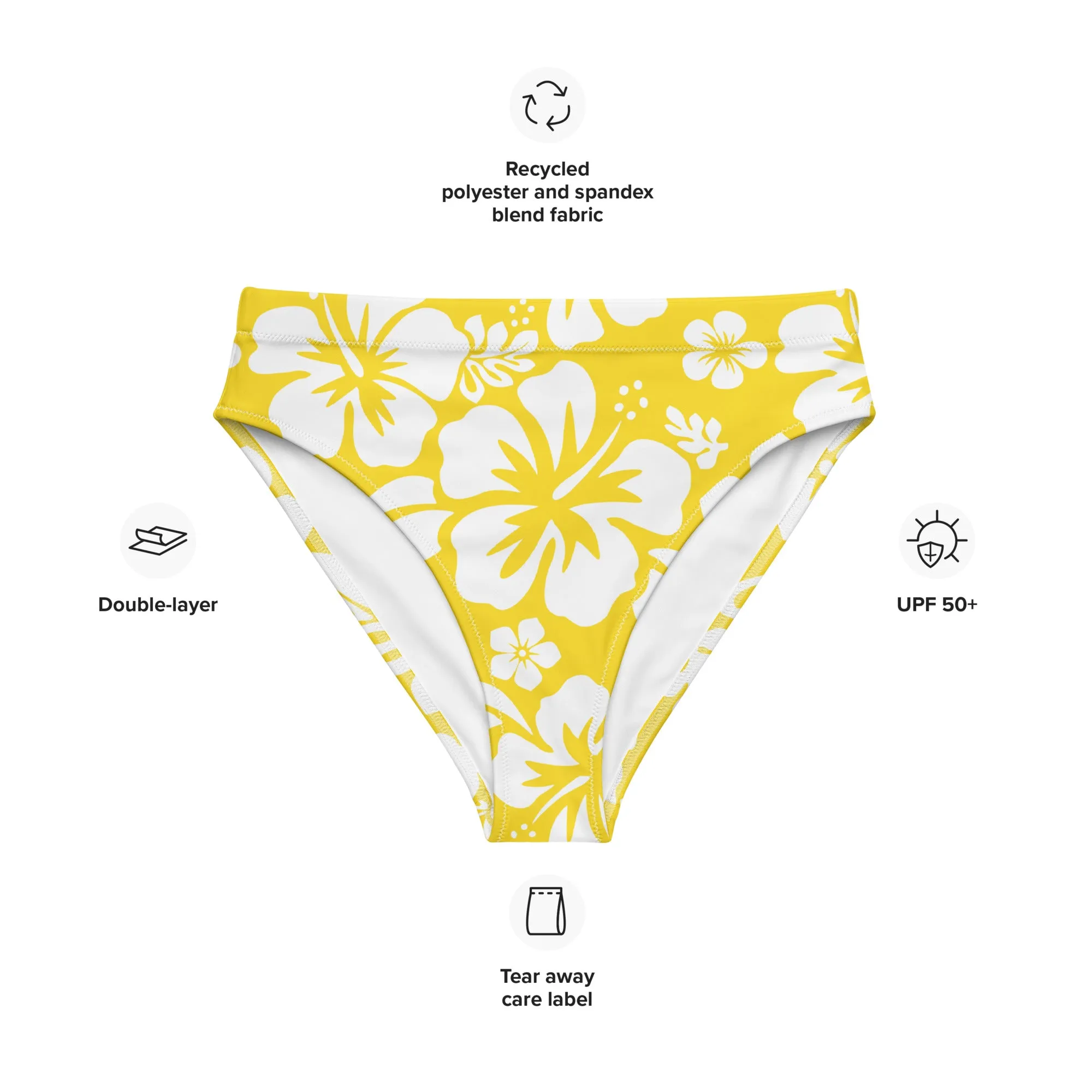 White Hawaiian Hibiscus Flowers on Yellow High Waisted Bikini Bottom