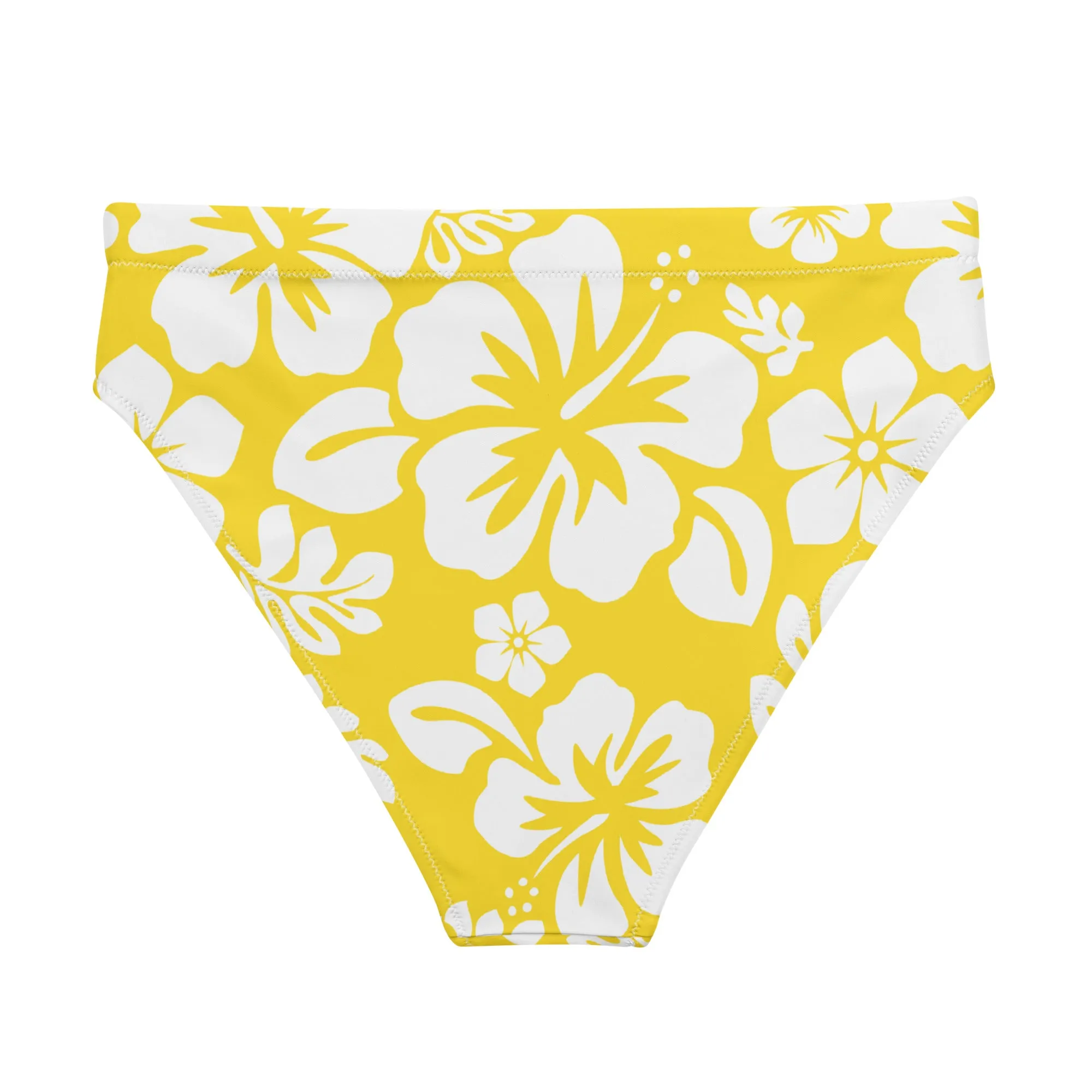 White Hawaiian Hibiscus Flowers on Yellow High Waisted Bikini Bottom