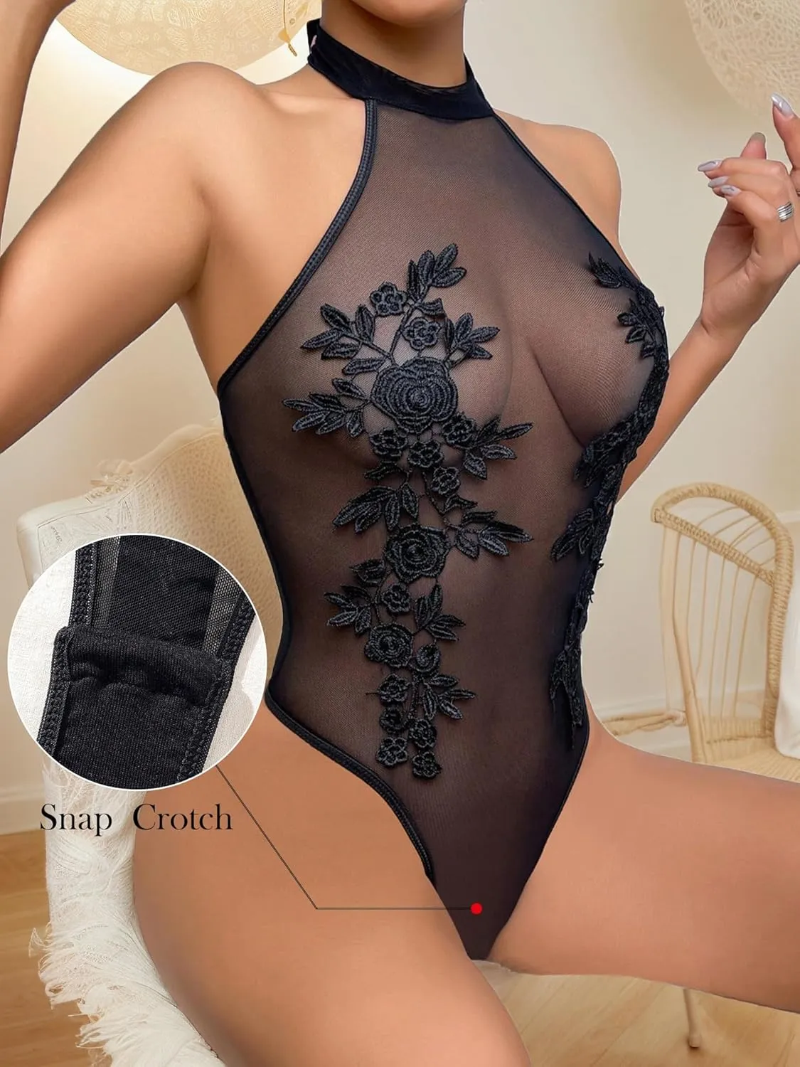 Women Teddy Lingerie Sexy Mesh Bodysuit Halter Snap Crotch Body Suits Sheer Emboroidered One Piece Babydoll