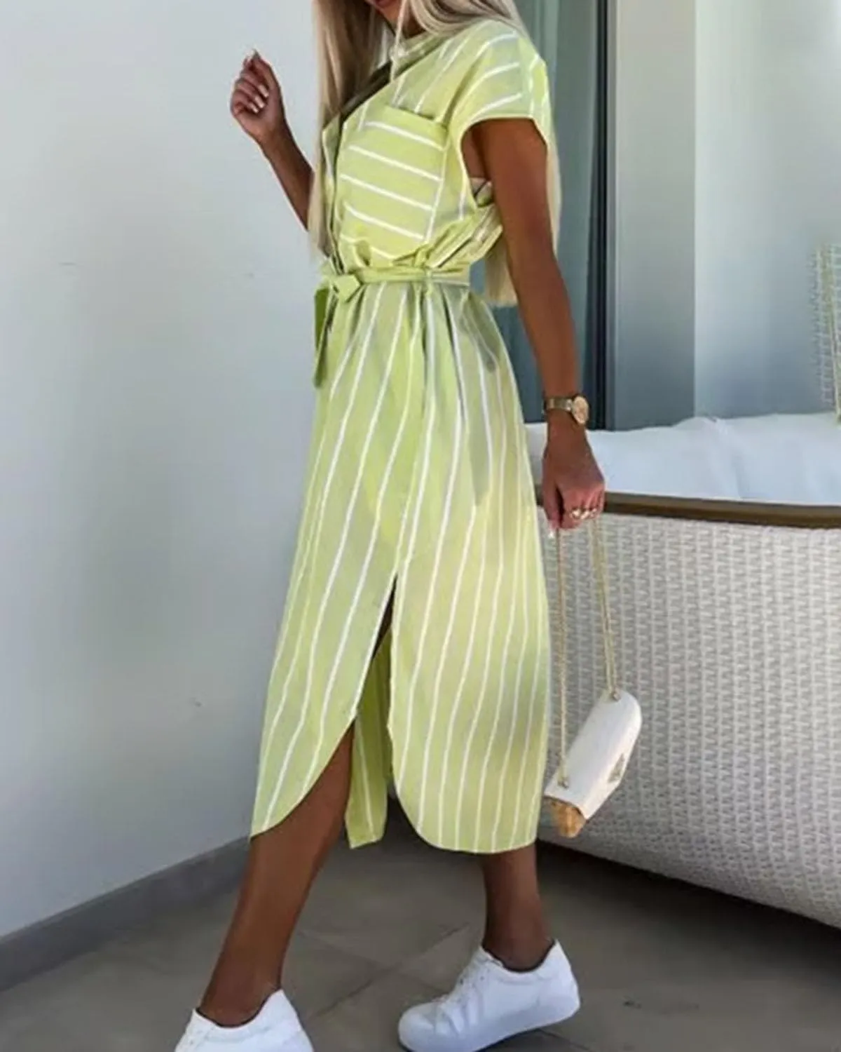Womens Button Down Striped Shirt Dress Casual Cap Sleeve Side Slit Tie Waist Belted Midi Long Work Dress with Pockets