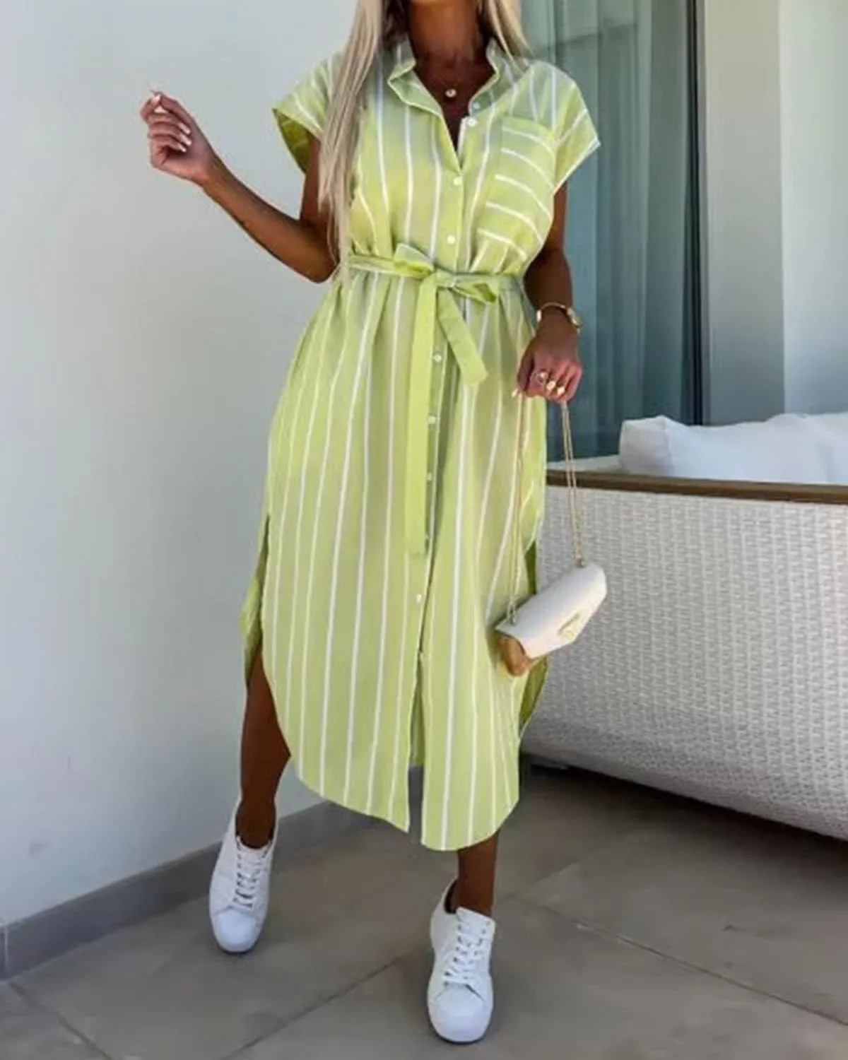 Womens Button Down Striped Shirt Dress Casual Cap Sleeve Side Slit Tie Waist Belted Midi Long Work Dress with Pockets
