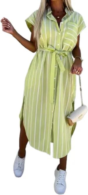Womens Button Down Striped Shirt Dress Casual Cap Sleeve Side Slit Tie Waist Belted Midi Long Work Dress with Pockets