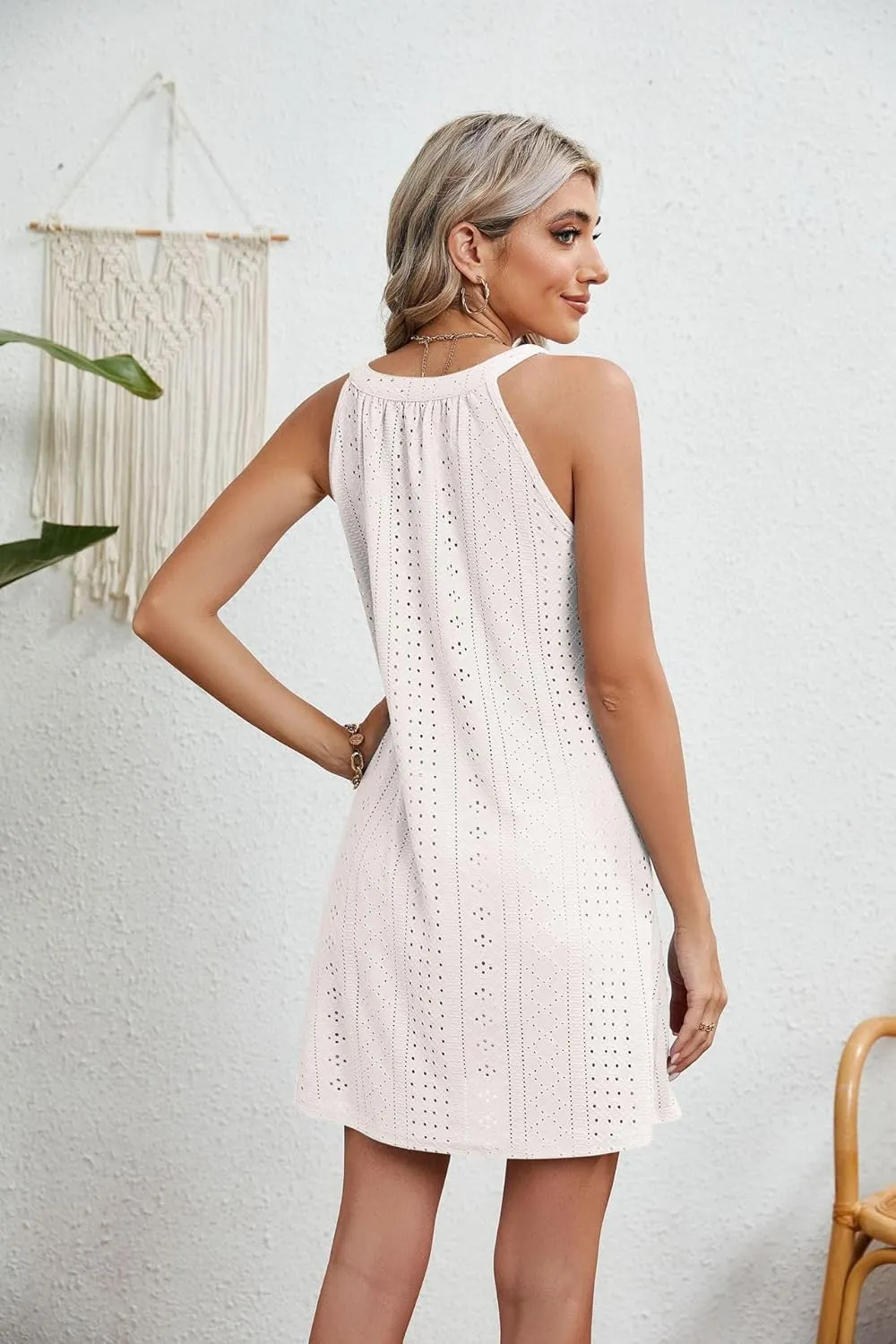 Women's Eyelet Halter Cover Up for Swimsuit, Cute Casual Pleated Sleeveless Beach Dress Summer Bikini Beachwear Coverups