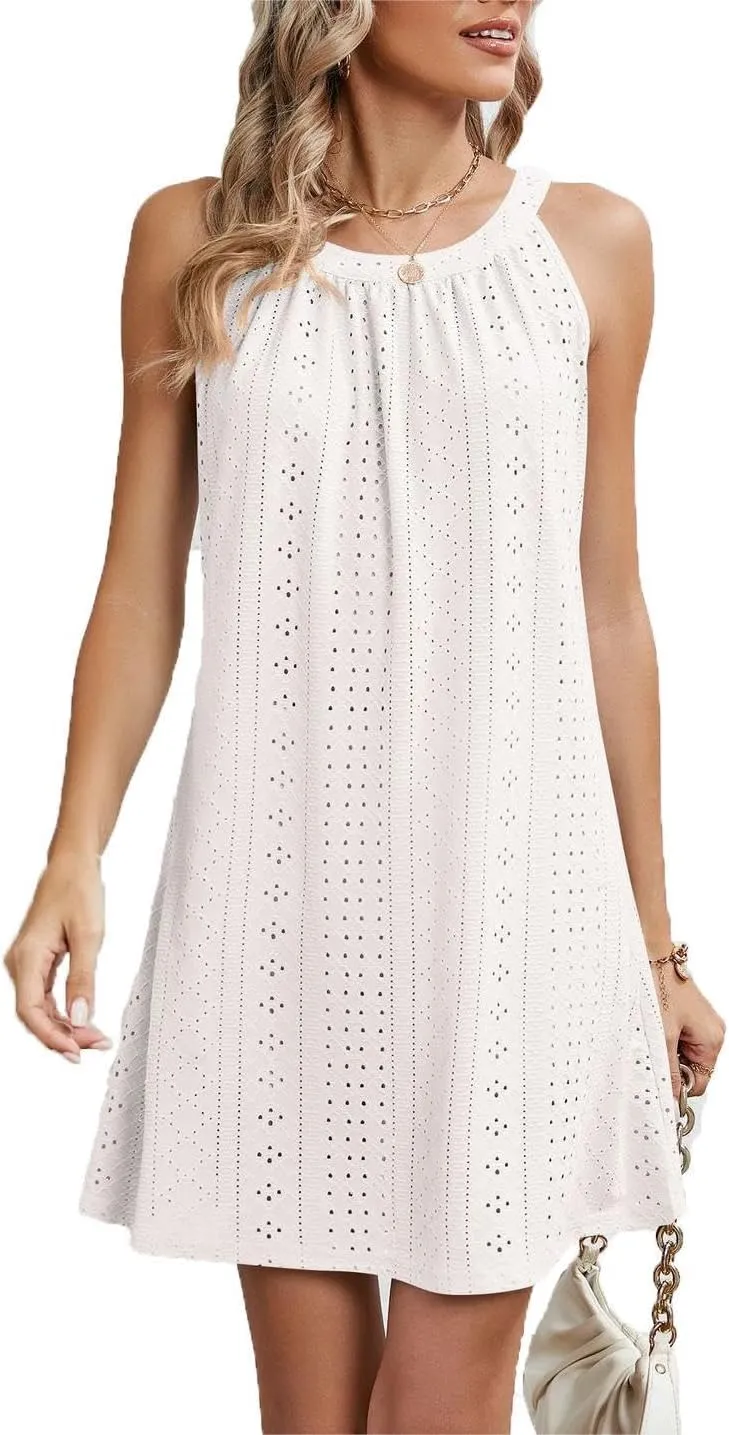 Women's Eyelet Halter Cover Up for Swimsuit, Cute Casual Pleated Sleeveless Beach Dress Summer Bikini Beachwear Coverups