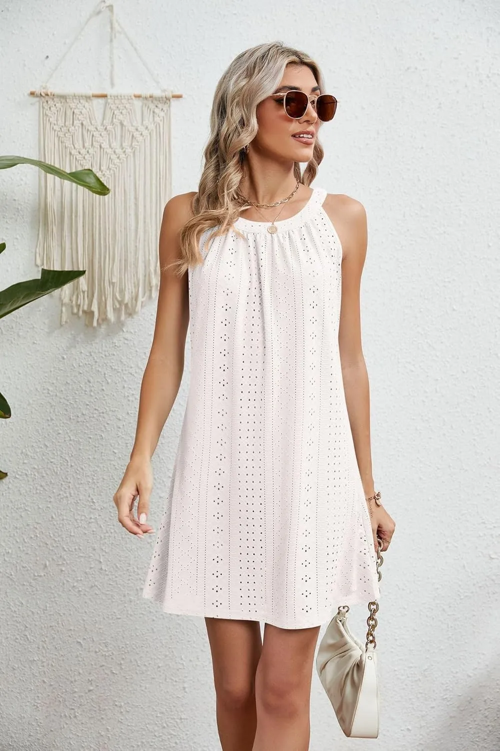 Women's Eyelet Halter Cover Up for Swimsuit, Cute Casual Pleated Sleeveless Beach Dress Summer Bikini Beachwear Coverups