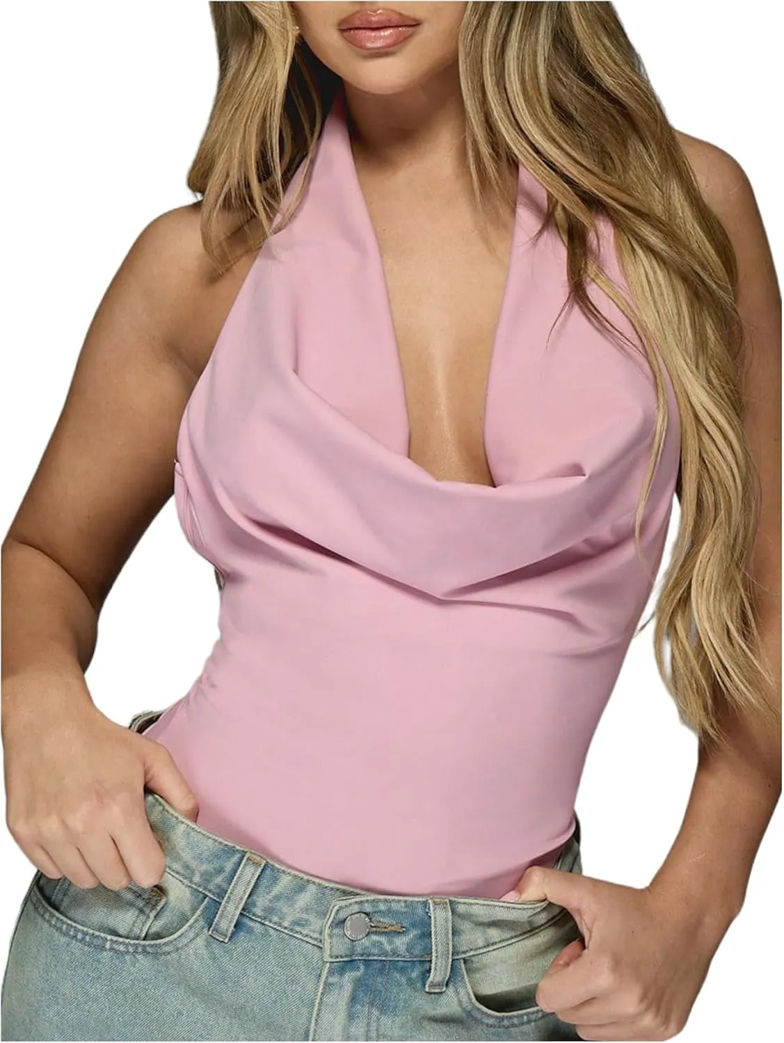 Women's One Piece Draped Halter Neck Bodysuit Backless Sleeveless Slim Fit Y2K Tops Shirts