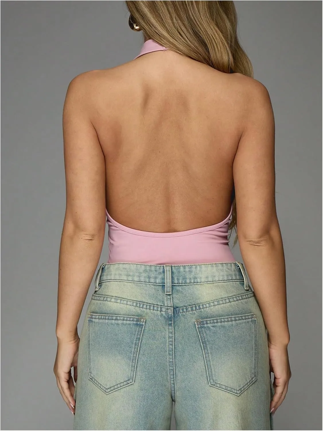 Women's One Piece Draped Halter Neck Bodysuit Backless Sleeveless Slim Fit Y2K Tops Shirts