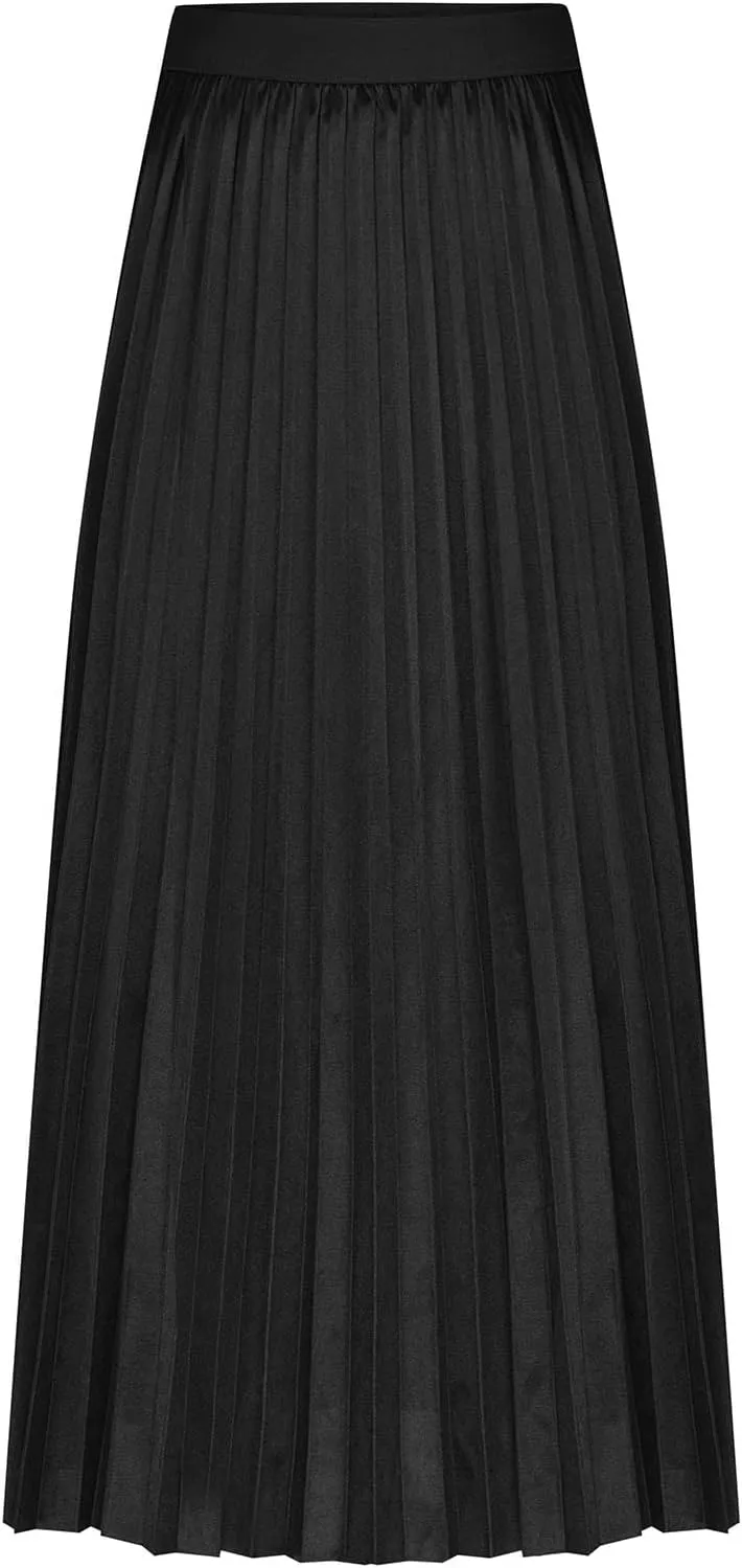 Women's Satin Metallic Pleated Skirt High Waist Flare Swing A Line Flowy Midi Long Casual Summer Party Skirt