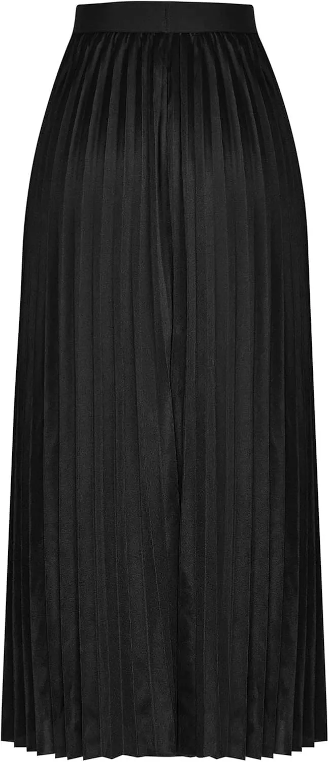 Women's Satin Metallic Pleated Skirt High Waist Flare Swing A Line Flowy Midi Long Casual Summer Party Skirt