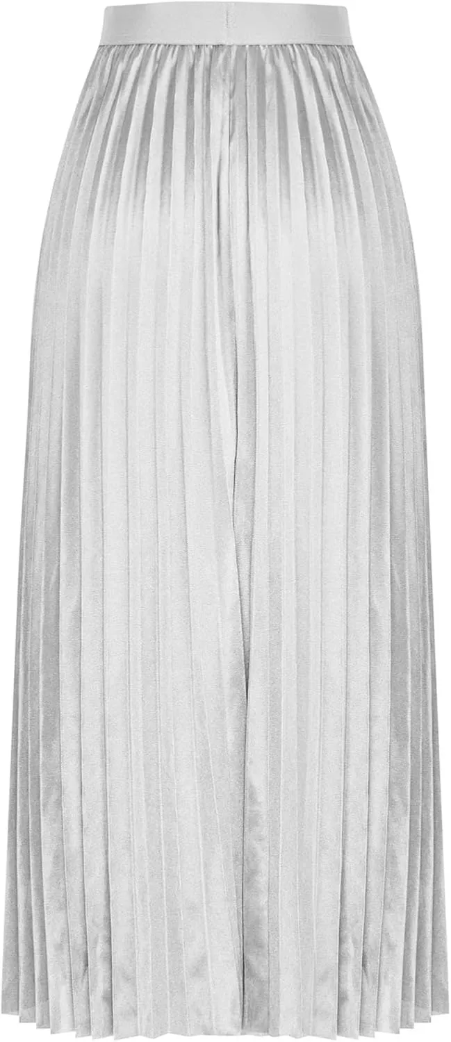 Women's Satin Metallic Pleated Skirt High Waist Flare Swing A Line Flowy Midi Long Casual Summer Party Skirt