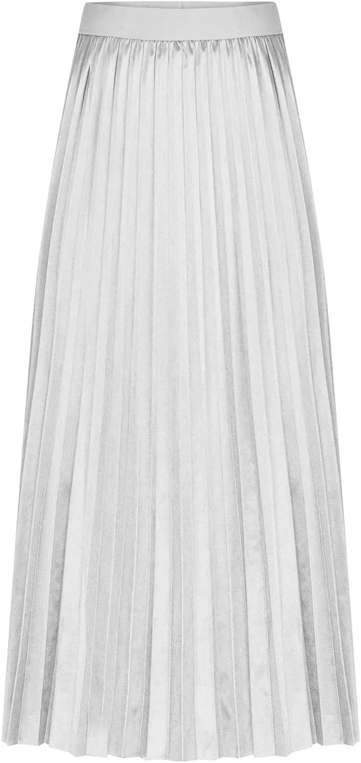 Women's Satin Metallic Pleated Skirt High Waist Flare Swing A Line Flowy Midi Long Casual Summer Party Skirt