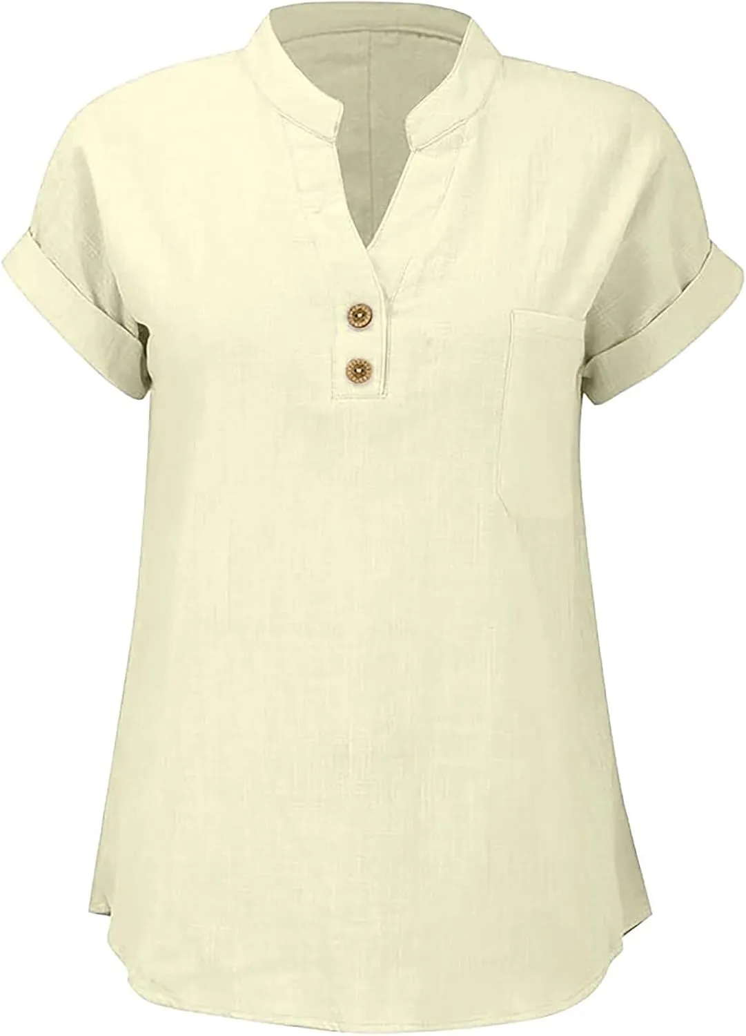 Womens Summer Casual Tops Roll Up Short Sleeve V Neck T Shirts Loose Fit Dressy Henley Blouse Basic Tshirt with Pocket
