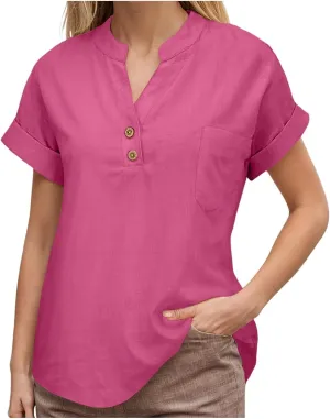 Womens Summer Casual Tops Roll Up Short Sleeve V Neck T Shirts Loose Fit Dressy Henley Blouse Basic Tshirt with Pocket
