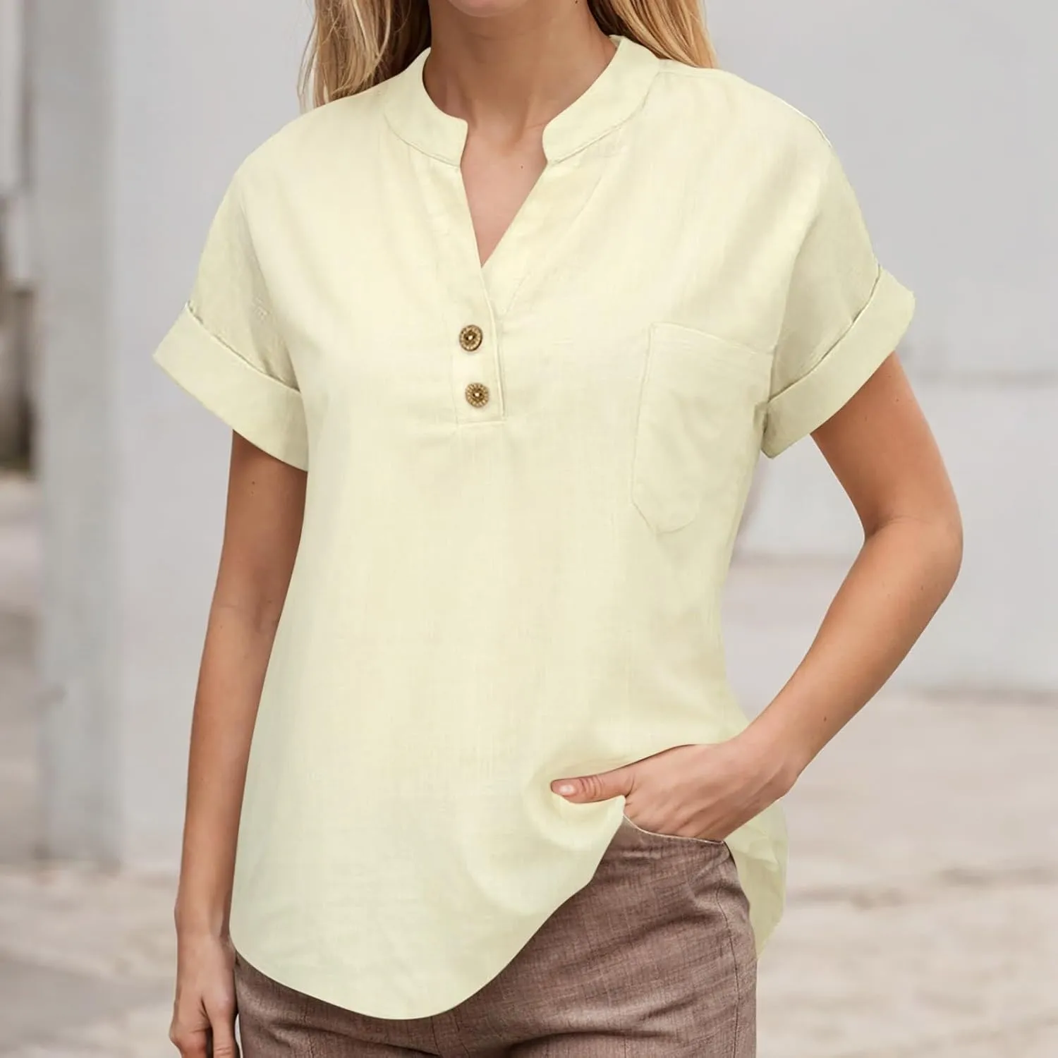 Womens Summer Casual Tops Roll Up Short Sleeve V Neck T Shirts Loose Fit Dressy Henley Blouse Basic Tshirt with Pocket
