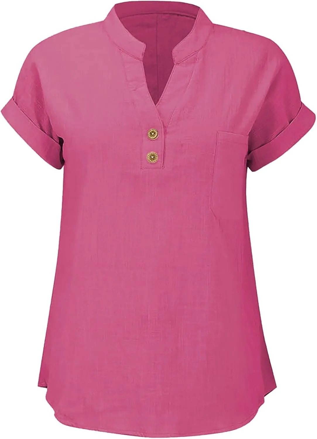 Womens Summer Casual Tops Roll Up Short Sleeve V Neck T Shirts Loose Fit Dressy Henley Blouse Basic Tshirt with Pocket