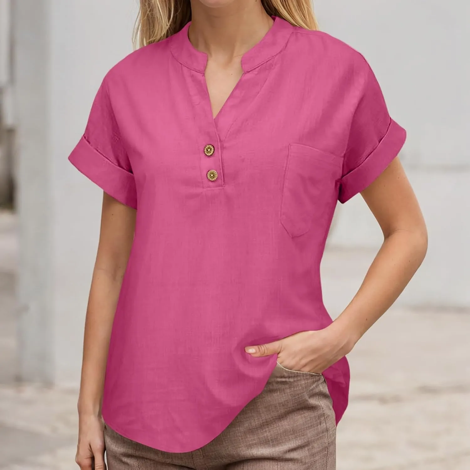 Womens Summer Casual Tops Roll Up Short Sleeve V Neck T Shirts Loose Fit Dressy Henley Blouse Basic Tshirt with Pocket