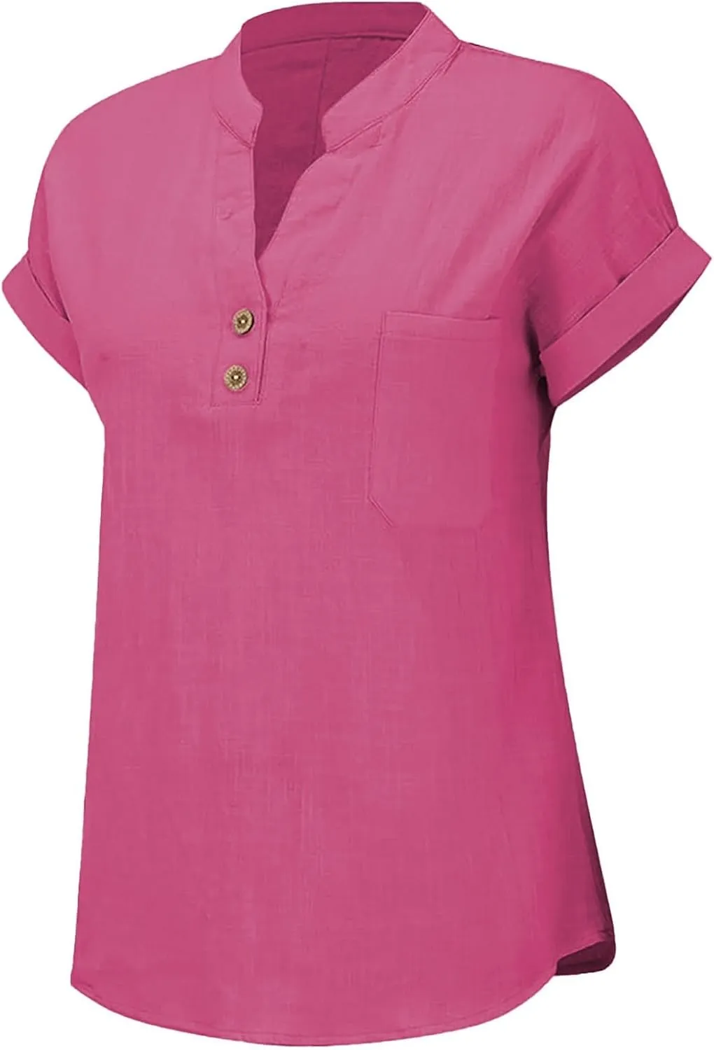 Womens Summer Casual Tops Roll Up Short Sleeve V Neck T Shirts Loose Fit Dressy Henley Blouse Basic Tshirt with Pocket
