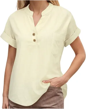 Womens Summer Casual Tops Roll Up Short Sleeve V Neck T Shirts Loose Fit Dressy Henley Blouse Basic Tshirt with Pocket