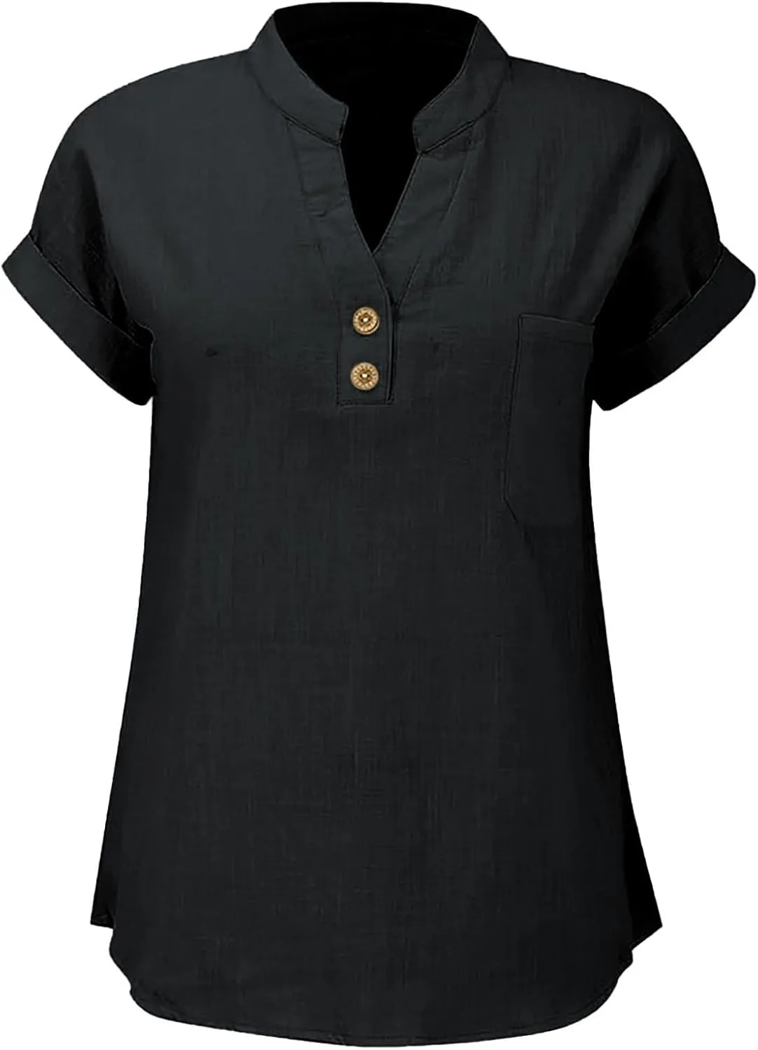 Womens Summer Casual Tops Roll Up Short Sleeve V Neck T Shirts Loose Fit Dressy Henley Blouse Basic Tshirt with Pocket