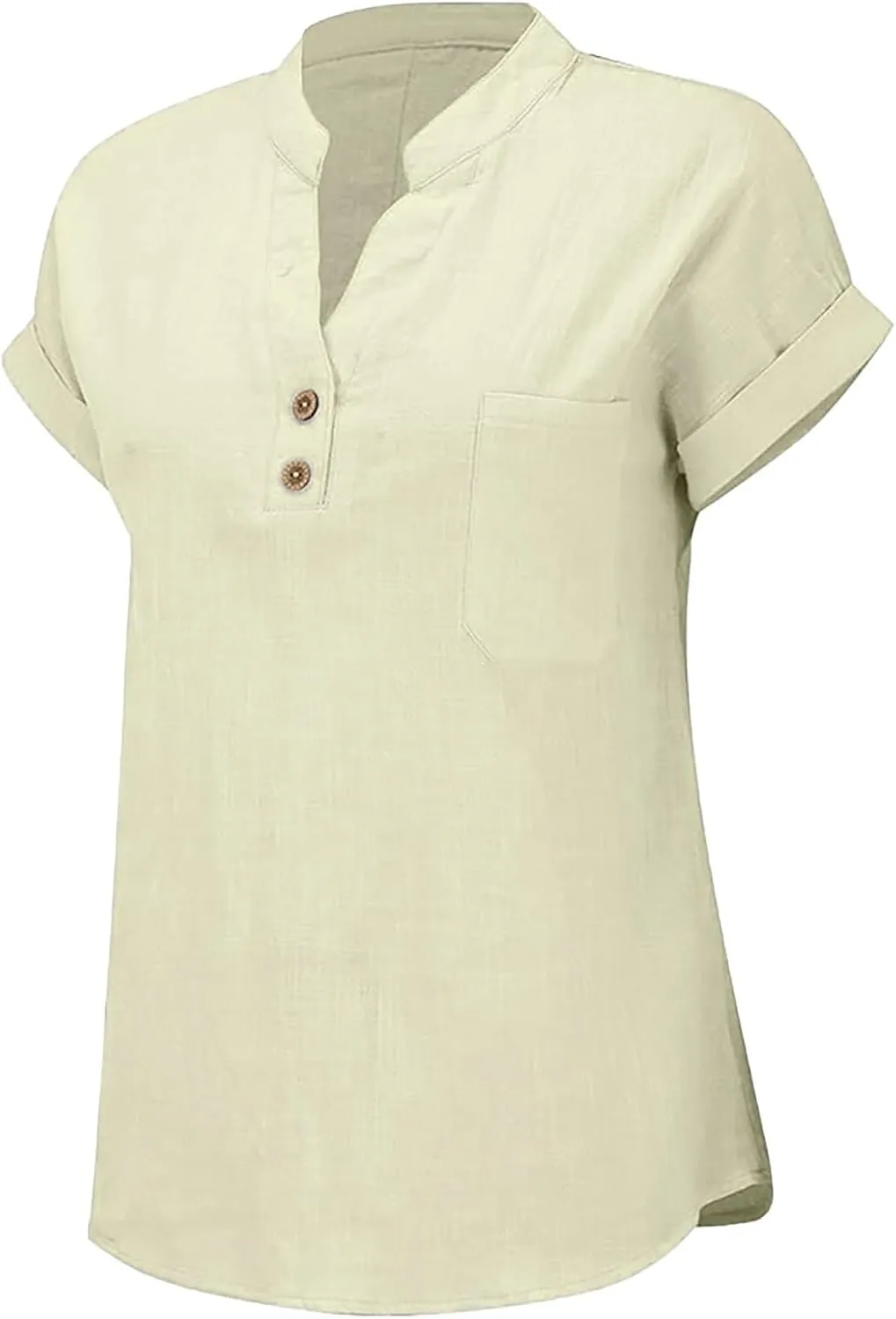 Womens Summer Casual Tops Roll Up Short Sleeve V Neck T Shirts Loose Fit Dressy Henley Blouse Basic Tshirt with Pocket