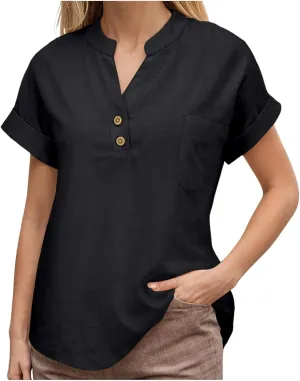 Womens Summer Casual Tops Roll Up Short Sleeve V Neck T Shirts Loose Fit Dressy Henley Blouse Basic Tshirt with Pocket