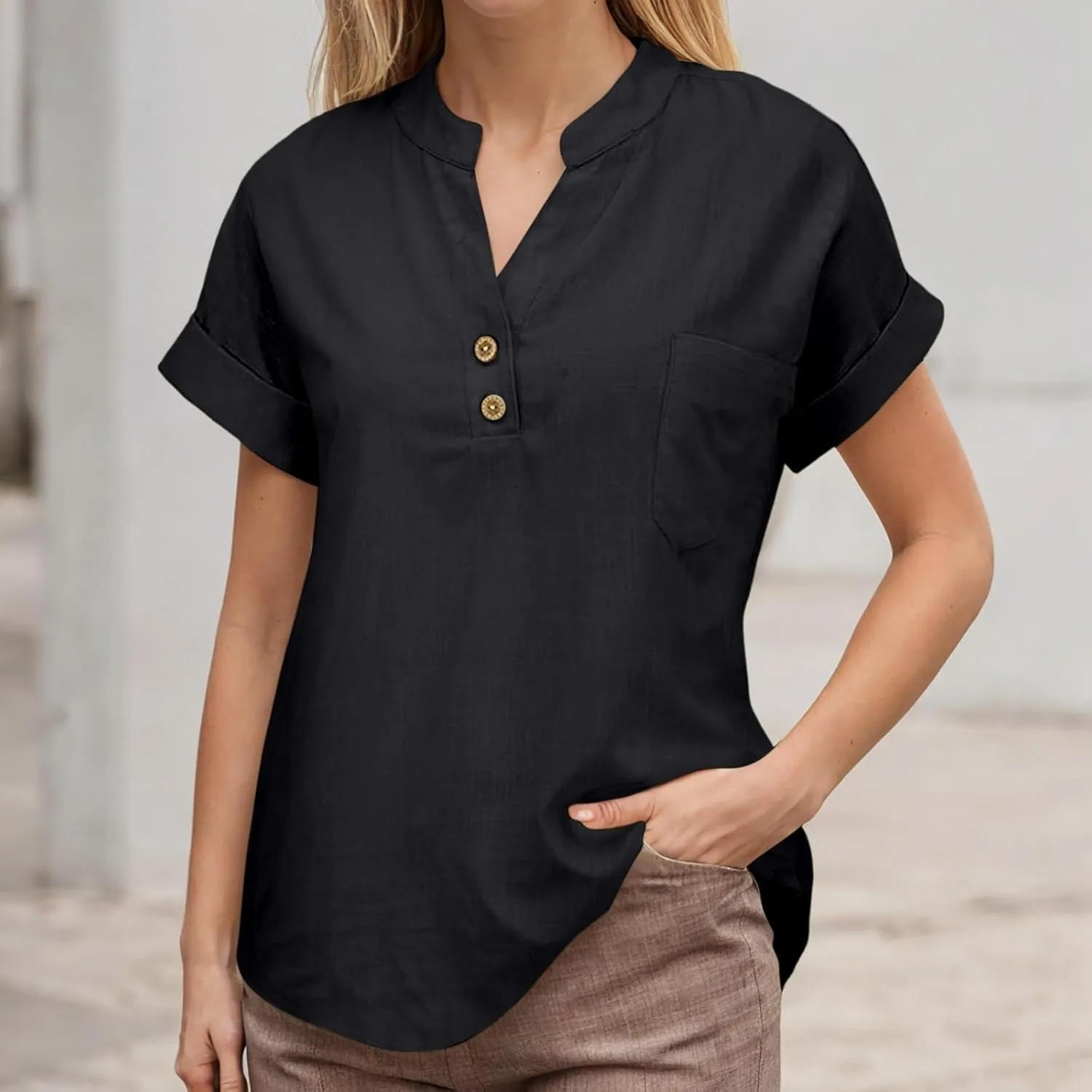 Womens Summer Casual Tops Roll Up Short Sleeve V Neck T Shirts Loose Fit Dressy Henley Blouse Basic Tshirt with Pocket