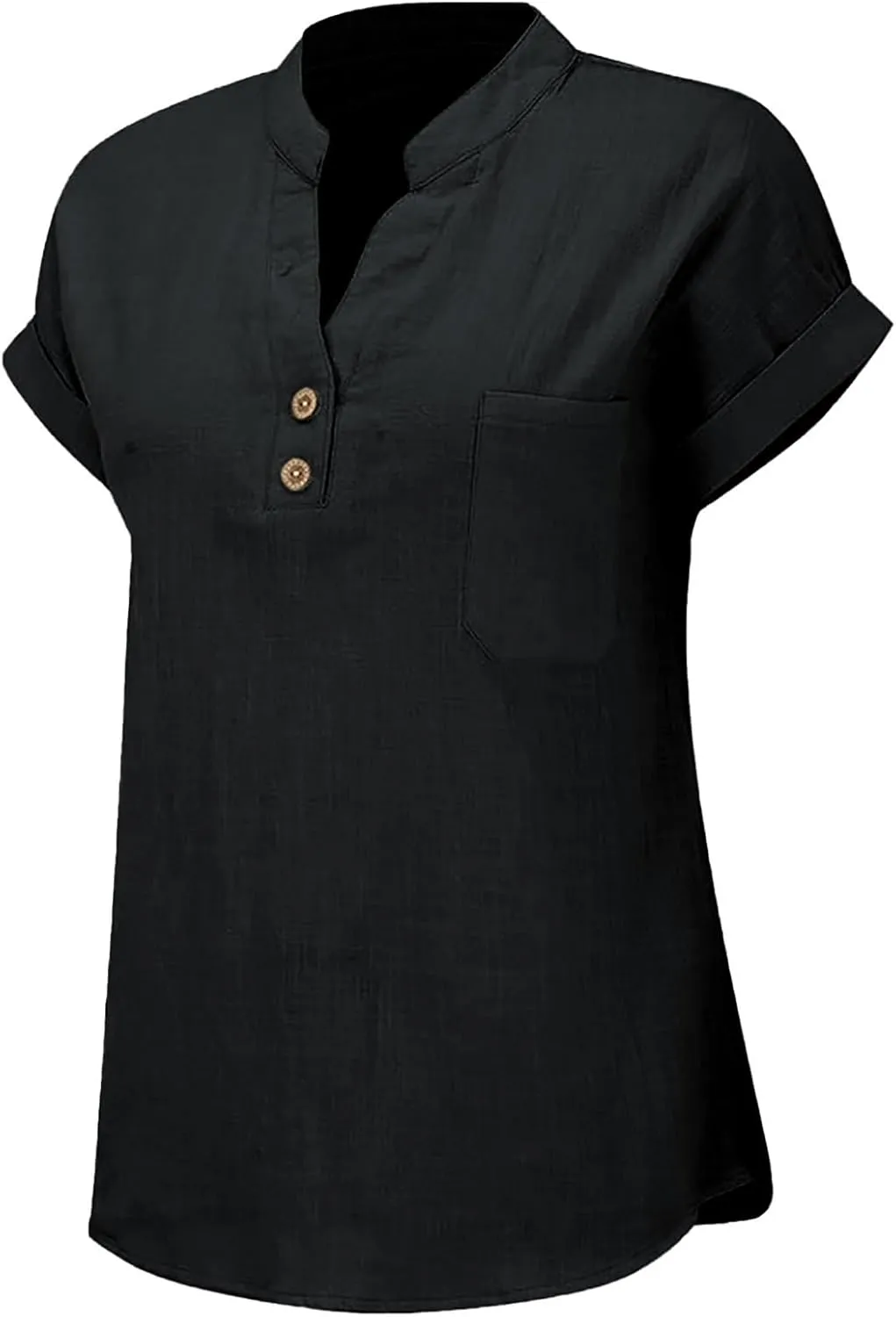 Womens Summer Casual Tops Roll Up Short Sleeve V Neck T Shirts Loose Fit Dressy Henley Blouse Basic Tshirt with Pocket