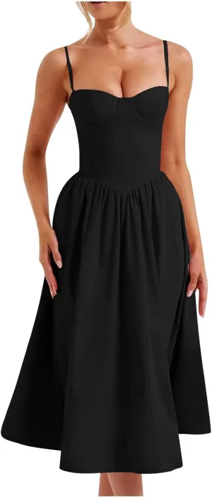Women's Vintage Corset Dress Spaghetti Strap A-Line Midi Dress Elegant Cocktail Party Evening Dresses