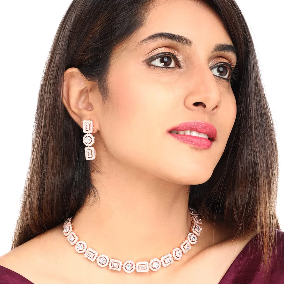 Yellow Chimes Classic AD/American Diamond Studded Rose Gold Plated Square Oval Designed Necklace Set Jewellery Set for Women and Girls, White, Medium (YCADNS-16OVLSQR-RG)